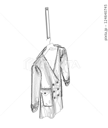 Fashionable outerwear coat outline, cloak sketch, contour. Jacket hangs on a hanger 124640745