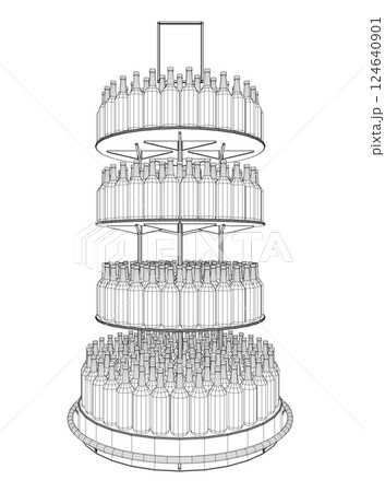 Wireframe Wine bottles stacked on wooden racks. Vector illustration isolated on white background. Bottle rack icon vector in thin line, on white background. Beer and brewing sign and symbol. 3D 124640901