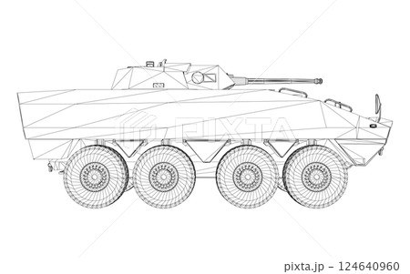 Wireframe Armored troop carrier. Military machinery drawing vector illustration. BTR 3D Wireframe Armored troop carrier. Military machinery drawing vector illustration. BTR 3D 124640960
