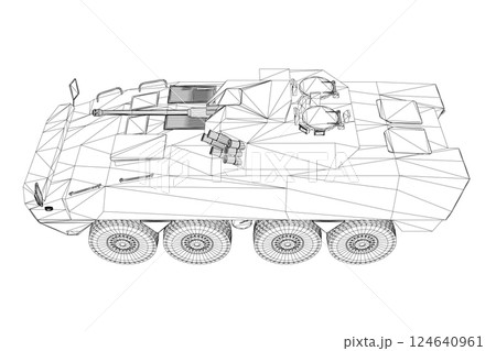 Wireframe Armored troop carrier. Military machinery drawing vector illustration. BTR 3D 124640961