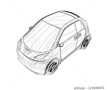 Vector flat illustration of contour small car. City car blueprint. Blank compact car template for branding or advertising. Food delivery car 124640972