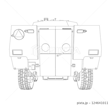 Outline Armored troop carrier. Military machinery drawing vector illustration. BTR Outline Armored troop carrier. Military machinery drawing vector illustration. BTR 124641011