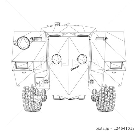 Wireframe Armored troop carrier. Military machinery drawing vector illustration. BTR 3D 124641018
