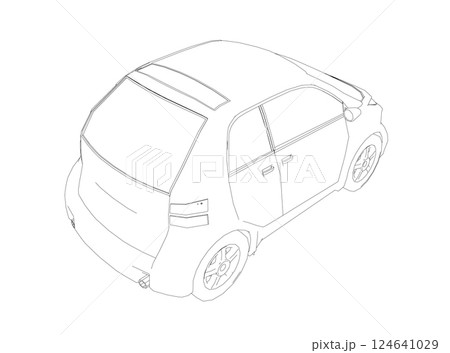 Vector flat illustration of contour small car. City car blueprint. Blank compact car template for branding or advertising. Food delivery car Vector flat illustration of contour small car. City car blueprint. Blank compact car template for branding or advertising. Food delivery car 124641029