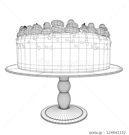 Wireframe cake. Birthday cake in contour line art drawing style. Traditional birthday cake on the top minimalist black linear sketch isolated on white background. Vector illustration. 3D Wireframe cake. Birthday cake in contour line art drawing style. Traditional birthday cake on the top minimalist black linear sketch isolated on white background. Vector illustration. 3D 124641132