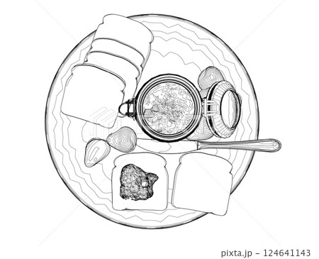 Outline healthy morning food and breakfast meals hand drawn with contour lines on white background - toasts, strawberry. Vector illustration. 124641143