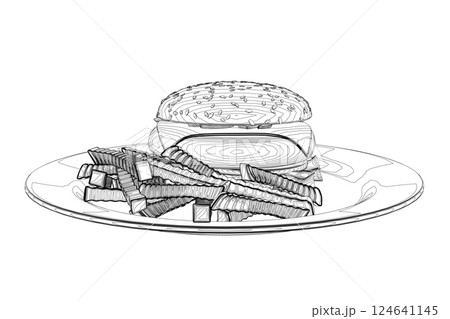 Outline cheeseburger on plate. Contour Big humburger with cutlets, cheese, tomatoes, lettuce. american food. Vector illustration element with humburger. Hand drawn food. Icon, symbol, logo 124641145
