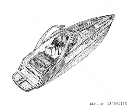 Wireframe Speedboat isolated vector illustration. Luxury and expensive boat. 3D 124641158