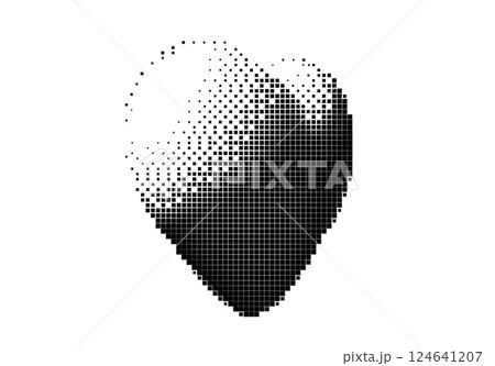 Black pixel heart icon isolated on background in oldschool 3D style of retro PC 124641207
