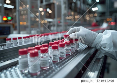 Modern conveyor of a pharmaceutical factory. The movement of ampoules on a conveyor close-up. Production of innovative medical products. Enhancing productivity through advanced conveyance. 124641256