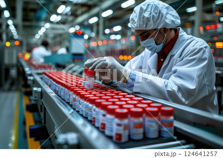 Modern conveyor of a pharmaceutical factory. The movement of ampoules on a conveyor close-up. Production of innovative medical products. The heartbeat of pharmaceutical production. 124641257
