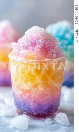 Colorful snow cone with vibrant syrup and ice texture. Refreshing and sweet treat Colorful snow cone with vibrant syrup and ice texture. Refreshing and sweet treat 124641465