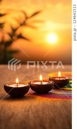 Three lit diyas on wooden surface with sunset background Three lit diyas on wooden surface with sunset background 124641513