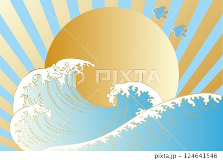 海　波　千鳥　青海波　日の出　正月　年賀　日本画　和風　和柄　背景　フレーム　壁紙　イラスト素材 124641546