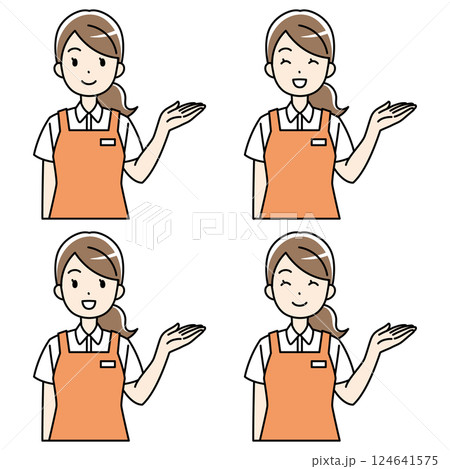 笑顔で案内するエプロン姿の女性のイラスト 124641575