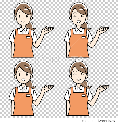 笑顔で案内するエプロン姿の女性のイラスト 124641575