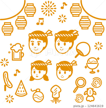 アイコン ファミリー キッズ 夏 お祭り 人物 家族 子供 ピクトグラム 線 イラスト素材セット アイコン ファミリー キッズ 夏 お祭り 人物 家族 子供 ピクトグラム 線 イラスト素材セット 124641619