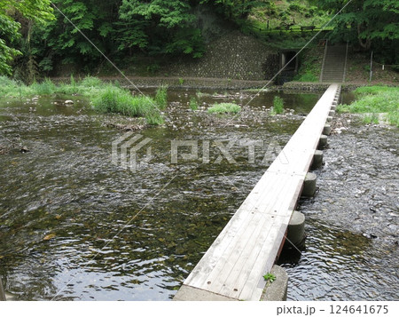 日高市の巾着田を流れる高麗川とドレミファ橋 124641675