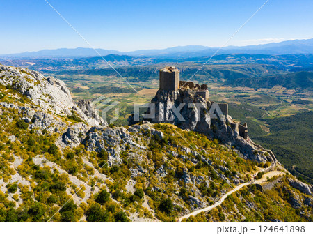 View of medieval Chateau de Queribus castle. Aude department. France 124641898