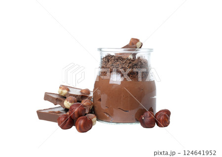 PNG, chocolate mousse in a jar, isolated on white background. 124641952