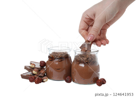 PNG, chocolate mousse in a jar, isolated on white background. 124641953
