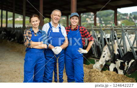 Portrait of three successful farmers at dairy farm with cows in stall in background Portrait of three successful farmers at dairy farm with cows in stall in background 124642227