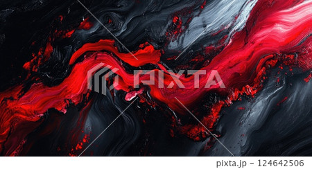 Bold and expressive abstract background with deep red and black high-contrast streaks 124642506