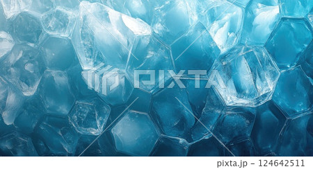 Frozen hexagonal pattern with crystal ice texture in cold blue and white tones 124642511