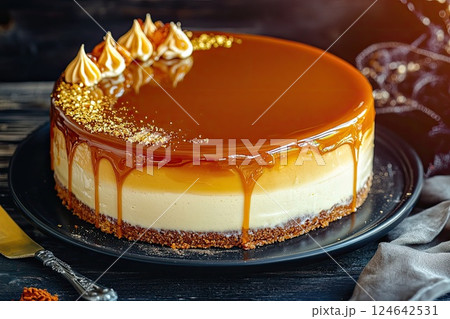 Luxurious caramel cake with mirror glaze showcased on ceramic plate 124642531