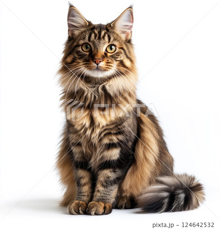 Maine Coon cat showcasing a beautiful fluffy coat while sitting elegantly on a white background 124642532