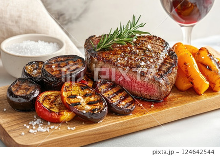 Perfectly grilled steak with vibrant vegetables and red wine on a wooden serving board Perfectly grilled steak with vibrant vegetables and red wine on a wooden serving board 124642544