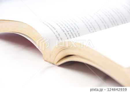 英語のペーパーバックのページを開いて、のんびり読書を楽しんでいるイメージ 124642939