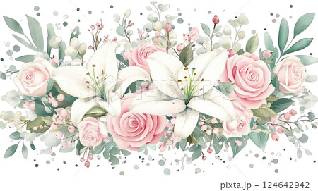 Floral arrangement with pink roses and white lilies on a light background Floral arrangement with pink roses and white lilies on a light background 124642942