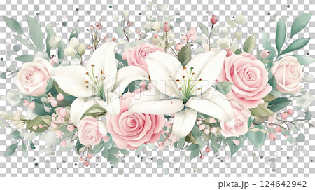 Floral arrangement with pink roses and white lilies on a light background Floral arrangement with pink roses and white lilies on a light background 124642942