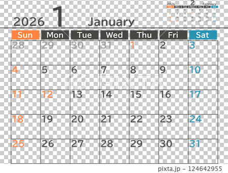 2026 年 1 月的簡單設計月曆材料 124642955