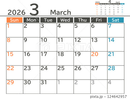シンプルなデザインの2026年3月のマンスリーカレンダー素材 124642957