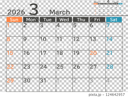 Simple design monthly calendar material for March 2026 124642957