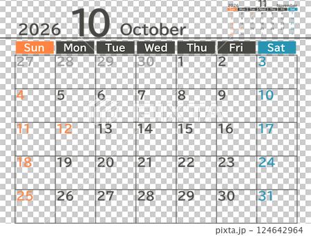 Simple design monthly calendar material for October 2026 124642964