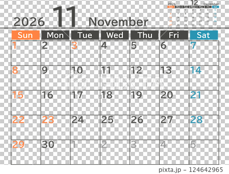 Simple design monthly calendar material for November 2026 124642965