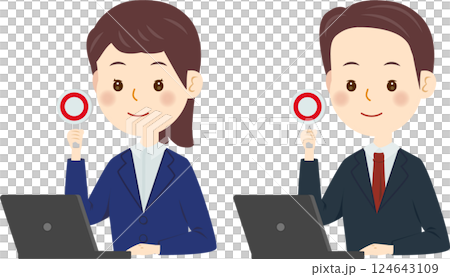 商務 PC 男人和女人拿著圓形鈔票 124643109