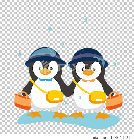 Illustration of a sad penguin child getting wet in the rain 124643121