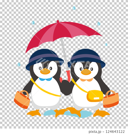 Illustration of a baby penguin walking with an umbrella in the rain Illustration of a baby penguin walking with an umbrella in the rain 124643122