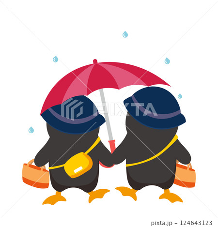 雨の中傘をさして歩く後ろ姿のペンギンの子供のイラスト 124643123