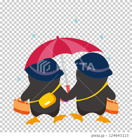 雨の中傘をさして歩く後ろ姿のペンギンの子供のイラスト 124643123