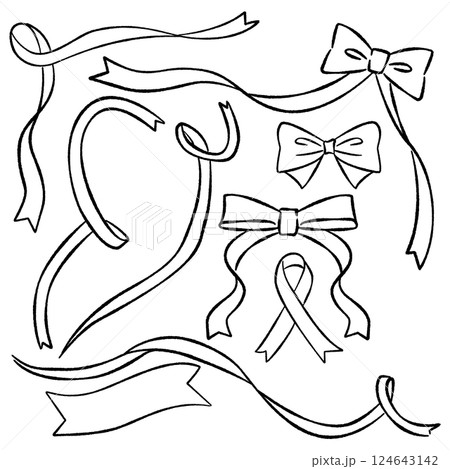 線画手書きのシンプルなリボンセット　黒線 124643142