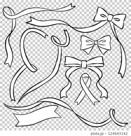 線画手書きのシンプルなリボンセット　黒線 124643142