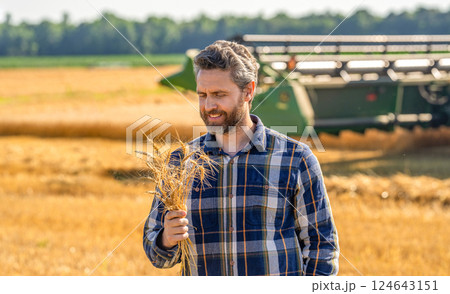 Agriculture farm. Farm man at wheat field. Crop harvest and farming. Farmer in field. Hispanic man farmer check agriculture field harvest. Man agronomist farmer. Organic crop farming. Crop protection 124643151