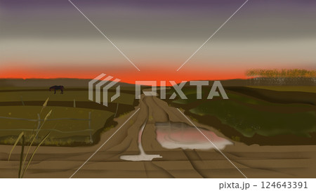 Rural Road at Sunset with Horse illustration 124643391