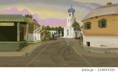Rural Village with Orthodox Church illustration Rural Village with Orthodox Church illustration 124643392