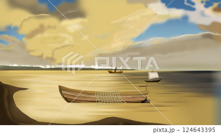 Surreal Seaside Landscape with Boats illustration 124643395